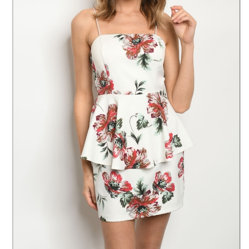 Blithe Ivory Tropical Floral Peplum Dress